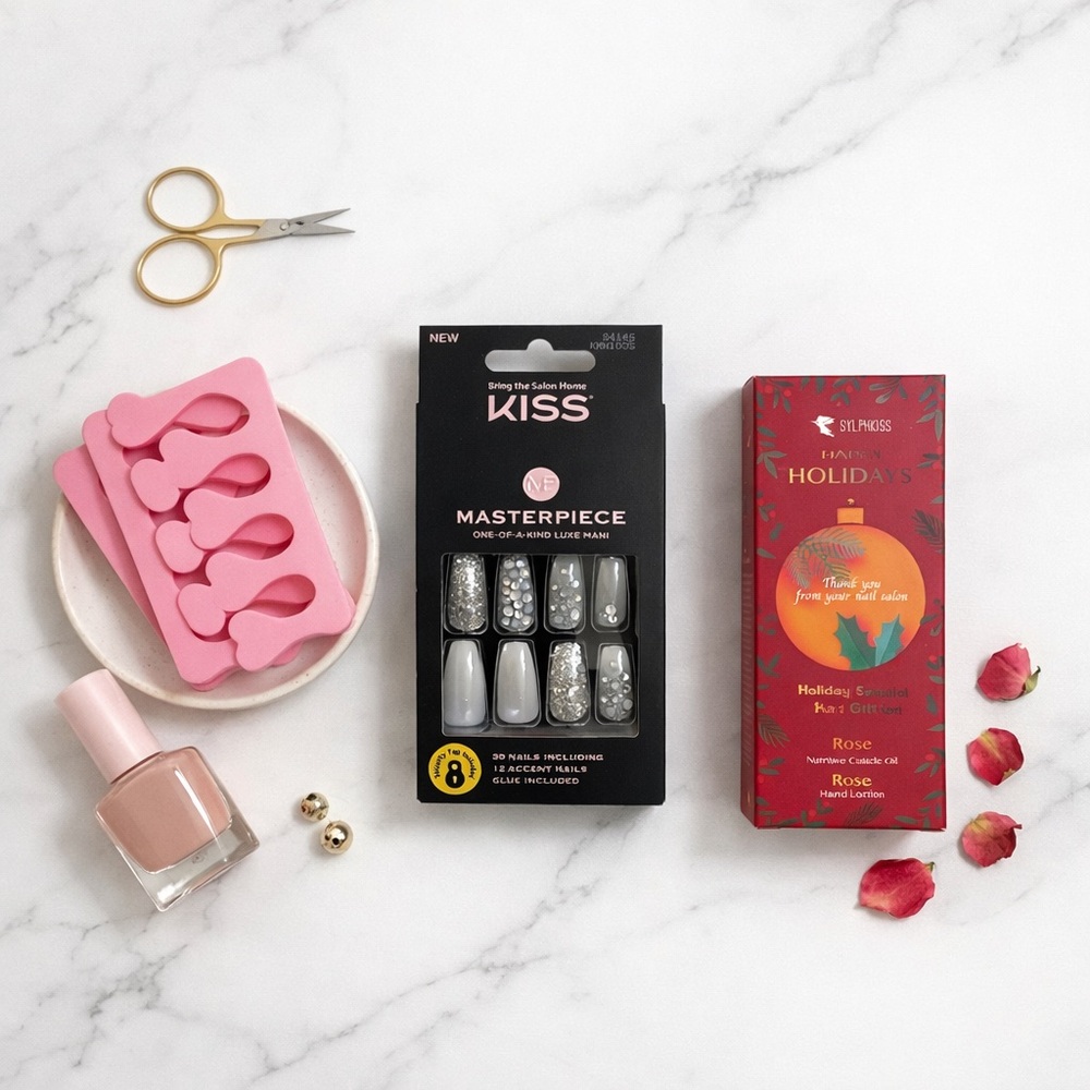 KISS Masterpiece Press-On Nails Gray & Silver, Toe Separators, Cuticle Oil Set